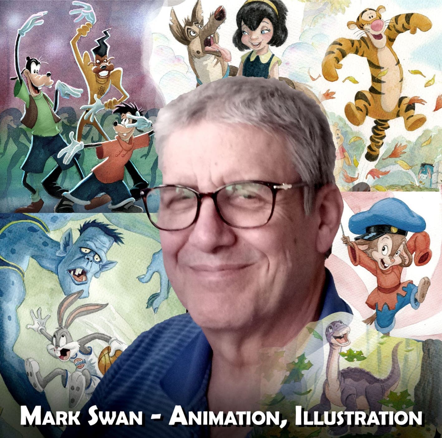 Mark Swan promotional photo with animation and illustration collage